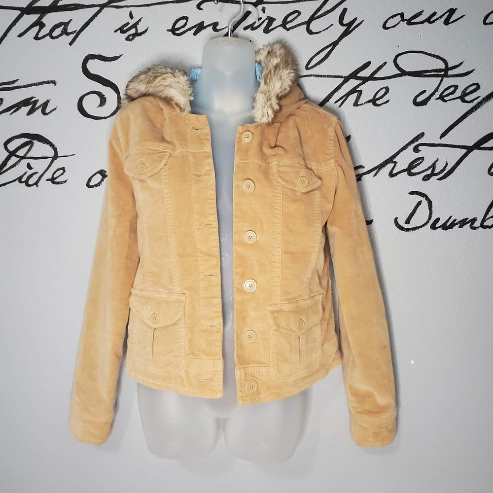 Aeropostale Faux Fur Hooded Cropped Light Tan Jacket, M